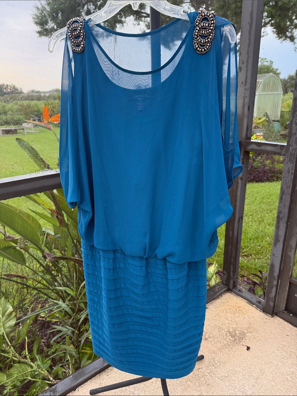 R&M Richards Teal Blue Beaded Shoulder cocktail Dress